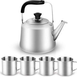 Odoland 4L stainless steel camping kettle set with 4 cups and carrying bag outdoors