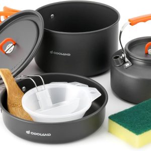 Odoland 10-piece camping cookware set with pots, pan, kettle, bowls, and spoon nested in mesh bag
