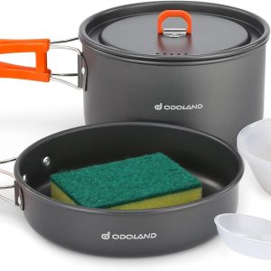 Odoland 9-piece camping cookware set with non-stick pots and pans