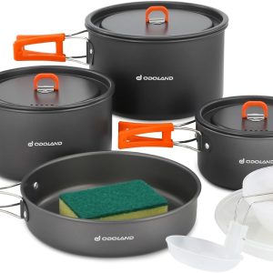 Odoland 15-piece non-stick camping cookware set with kettle, plates, bowls, and soup spoon
