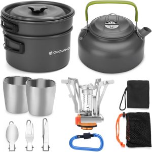 Odoland 12-piece camping cookware mess kit with mini stove and utensils