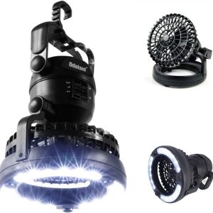Odoland Portable LED Camping Lantern with Ceiling Fan hanging in a tent