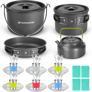 Odoland 39-piece camping cookware mess kit with non-stick hanging pot and cutlery for 6
