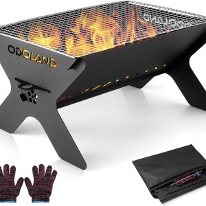 Odoland portable campfire grill set up over a campfire with food cooking