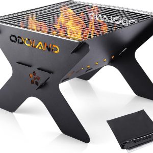 Odoland portable campfire grill set up over a fire with food cooking on the grate