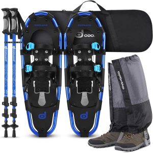 Odoland snowshoes with trekking poles and gaiters on snowy trail
