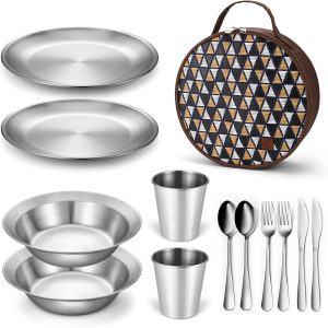 Odoland stainless steel camping mess kit with plates, bowls, and utensils in carry bag