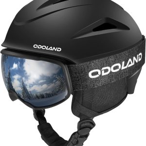 Odoland Snowboard Helmet and Ski Goggles set on a snowy slope