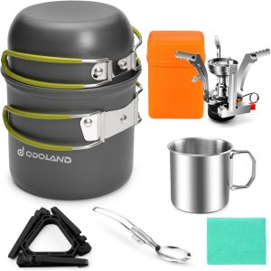 Odoland 8-piece camping cookware mess kit with mini stove, pots, cup, and spork packed in mesh bag