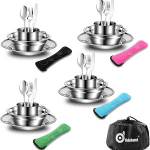 Odoland 29-piece stainless steel camping mess kit with bowls, plates, cups, and flatware for 4