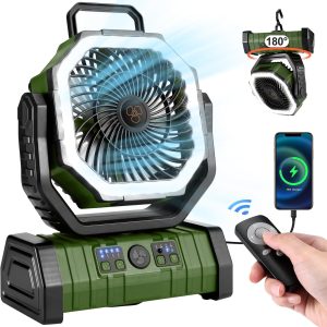 Odoland 30000mAh Camping Fan with LED Lantern in green, hanging in tent