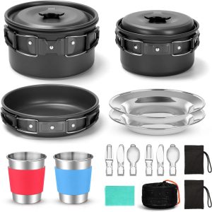 Odoland 15-piece camping cookware mess kit with non-stick pot, pan, and stainless steel utensils