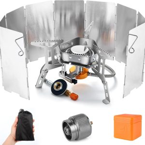 Odoland windproof camp stove with windscreen and piezo ignition on a picnic table