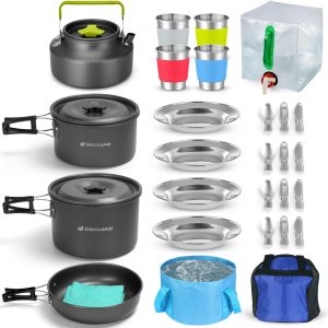 Odoland 29-piece mess kit with non-stick pots and collapsible bucket