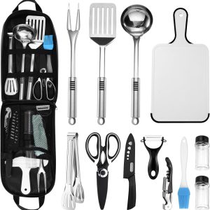 Odoland 14-piece stainless steel camping cooking utensils set with chef's knife and cutting board in carry bag