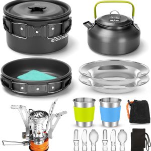 Odoland 16-piece camping cookware set with non-stick pot, pan, kettle, and stainless steel utensils