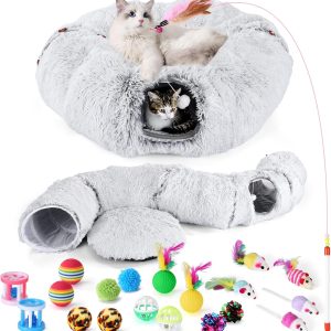 Odoland Cat Tunnel Bed with 20 toys in grey plush fabric